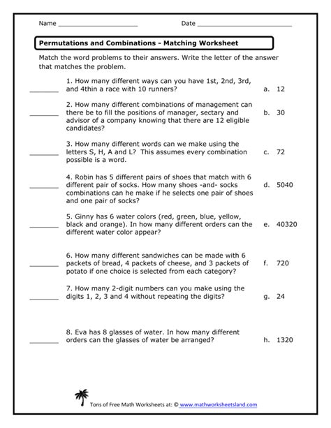 probability combinations and permutations worksheet